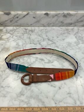 Vintage Colorful Striped Belt with Brown leather Buckle adjustable Guatemala OS